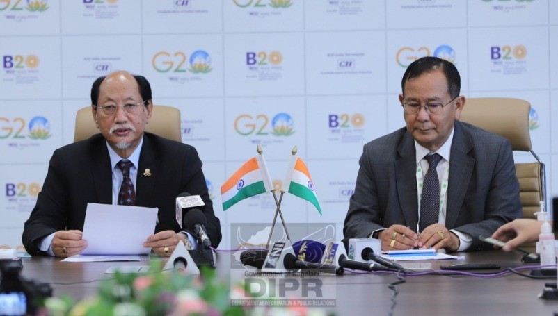 Neiphiu Rio with Minister of State, Ministry of External Affairs, GoI, Dr. Rajkumar Ranjan Singh during press conference.
